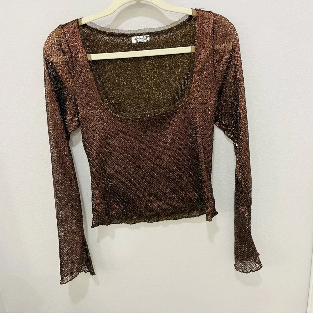 Free People Intimately Free Sheer Brown Sequins Long Bell Sleeve Top Womens XS